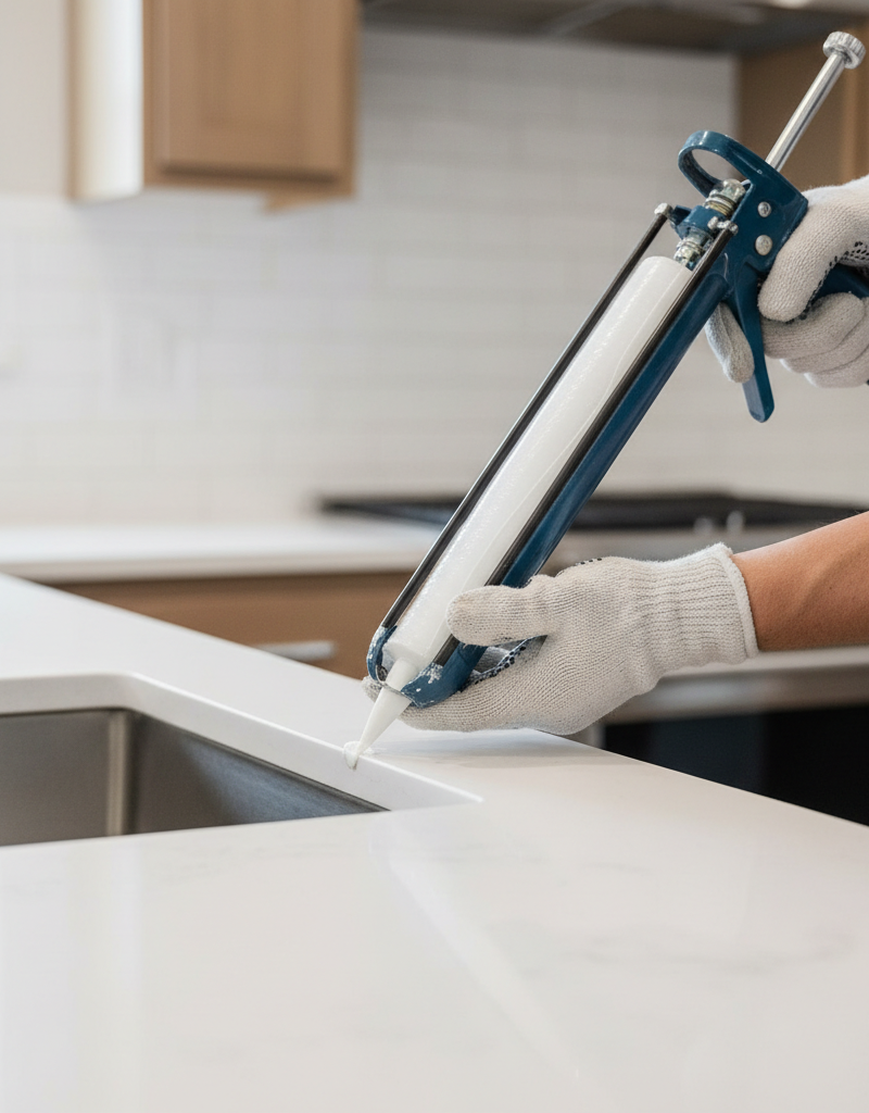 Contractor applying silicone caulk with a caulk gun around a kitchen sink to countertop joint.