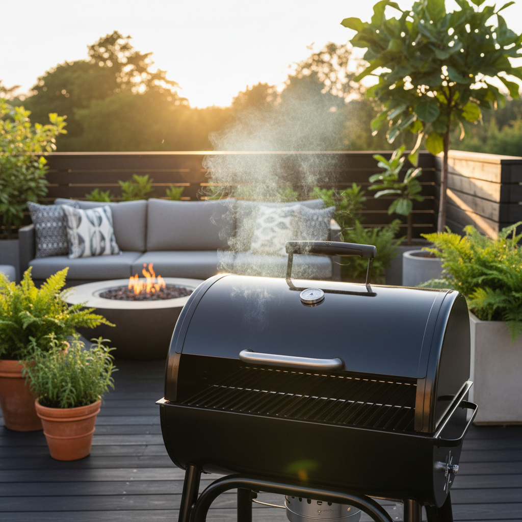 New black pellet grill with lid open, ideal for first burn seasoning, with clean grates inside.