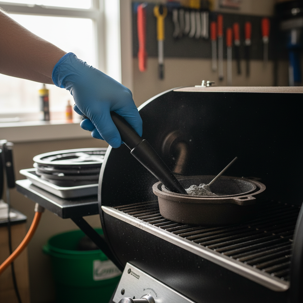 Homeowner vacuuming ash from a pellet grill firepot to fix temperature swings.