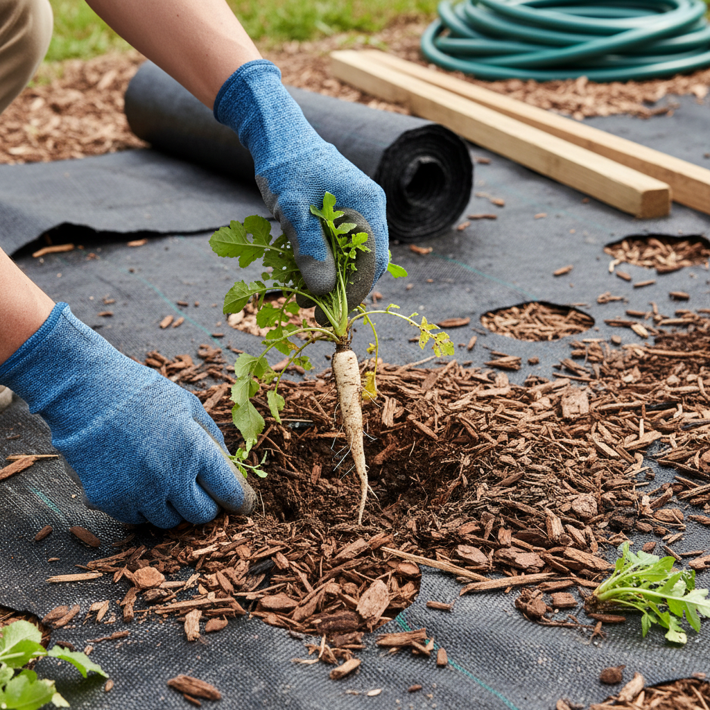 Homeowner pulling a weed with a weeding tool from a mulched garden bed