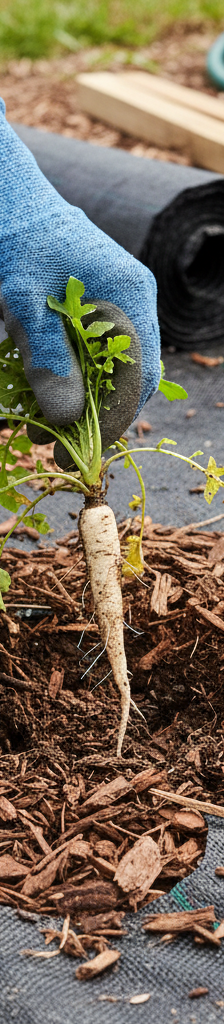 Homeowner pulling a weed with a weeding tool from a mulched garden bed