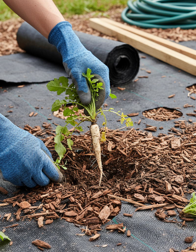 Homeowner pulling a weed with a weeding tool from a mulched garden bed