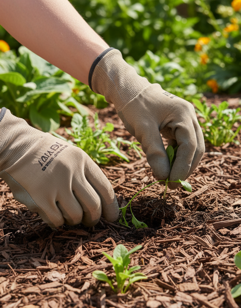 Gardener's hands carefully pulling a small weed from a thick layer of organic mulch in a sunny garden bed.