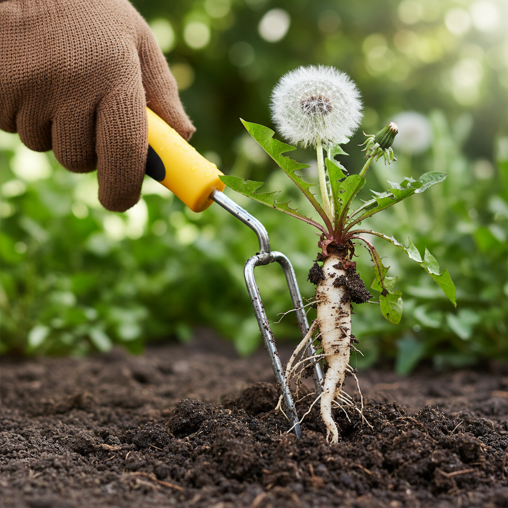 Hand pulling a dandelion with its root from garden soil