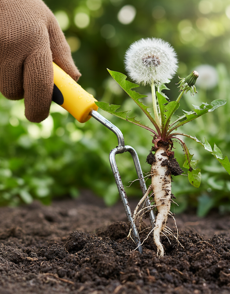 Hand pulling a dandelion with its root from garden soil