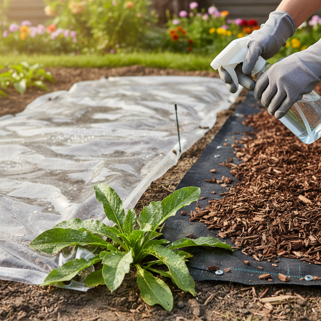 Homeowner using horticultural vinegar on weeds with solarized soil and mulched landscape fabric in the background