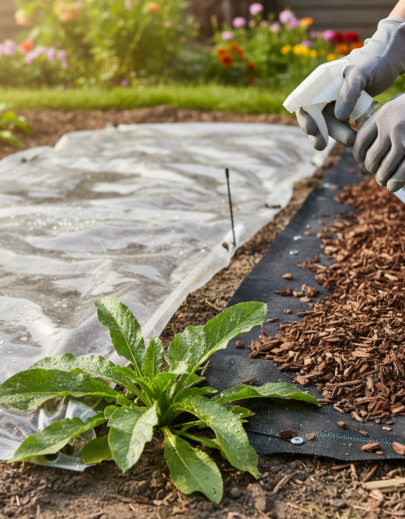 Homeowner using horticultural vinegar on weeds with solarized soil and mulched landscape fabric in the background
