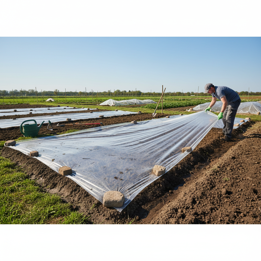 Homeowner laying clear plastic for soil solarization to permanently remove weeds
