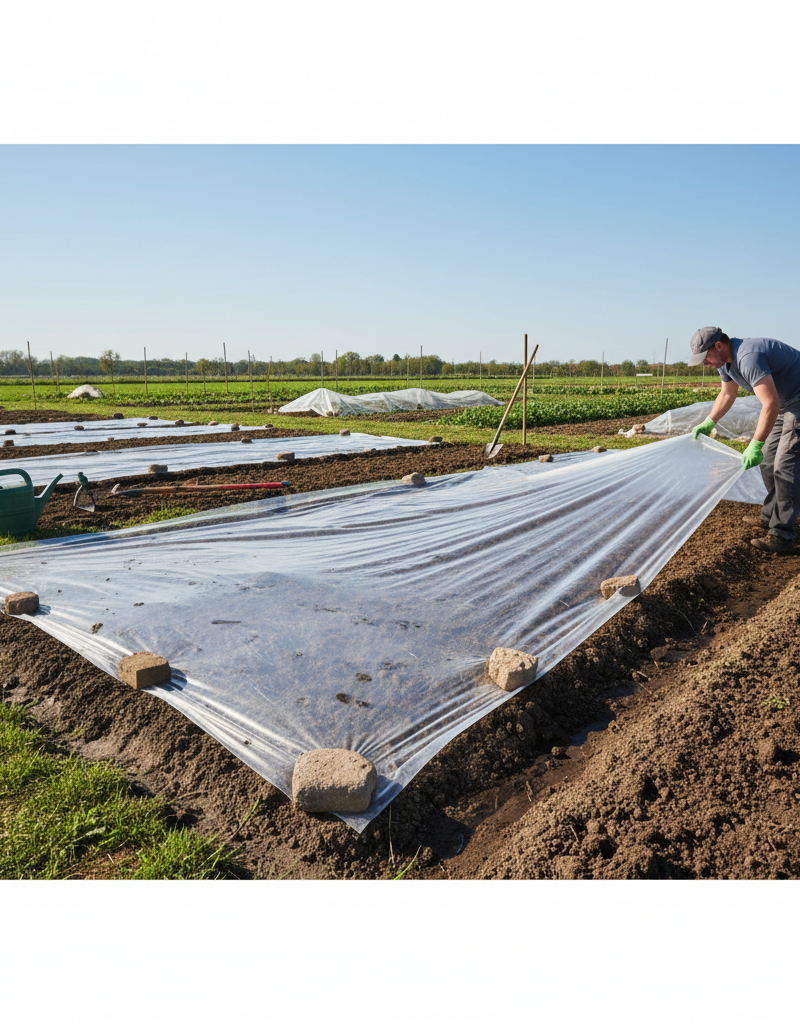 Homeowner laying clear plastic for soil solarization to permanently remove weeds