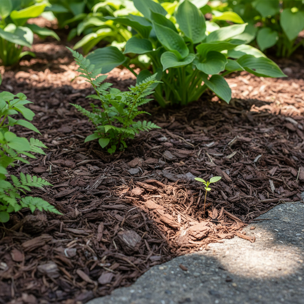 Thick layer of shredded bark mulch covering garden soil, with a small weed seedling attempting to grow through at the edge