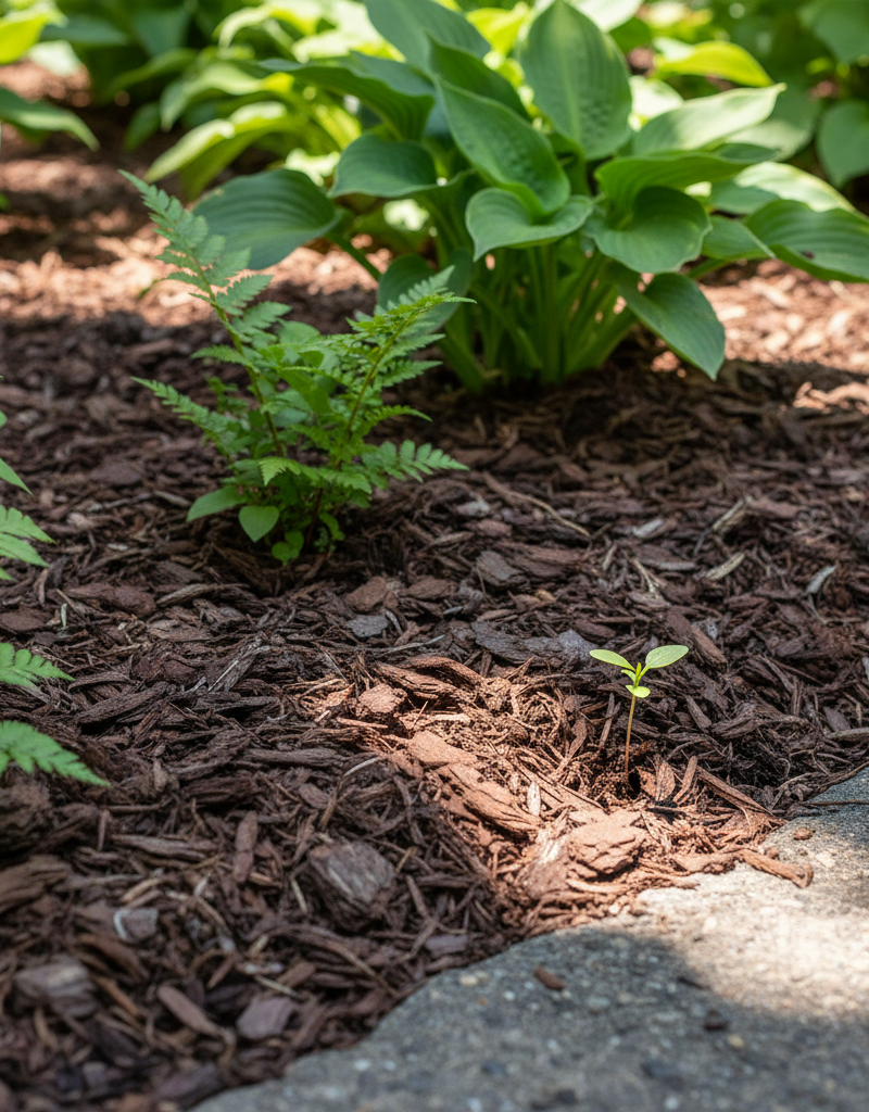 Thick layer of shredded bark mulch covering garden soil, with a small weed seedling attempting to grow through at the edge