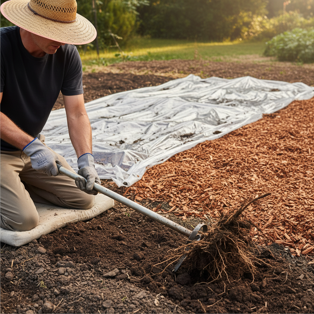 Homeowner using a stand-up weed puller to extract a large taprooted weed from a moist garden bed, with solarization plastic and mulch in the background.