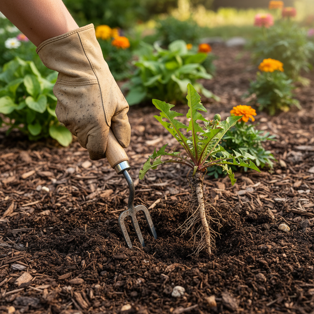 Gardener using a weeding fork to remove a dandelion's taproot from the soil.