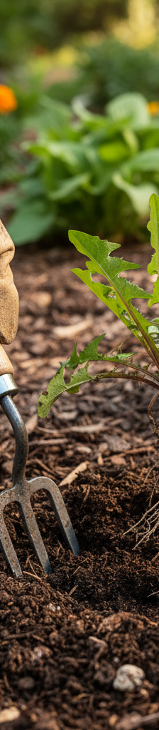 Gardener using a weeding fork to remove a dandelion's taproot from the soil.