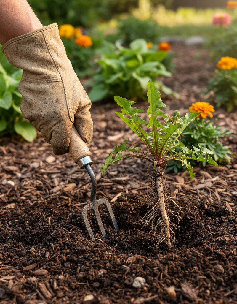 Gardener using a weeding fork to remove a dandelion's taproot from the soil.