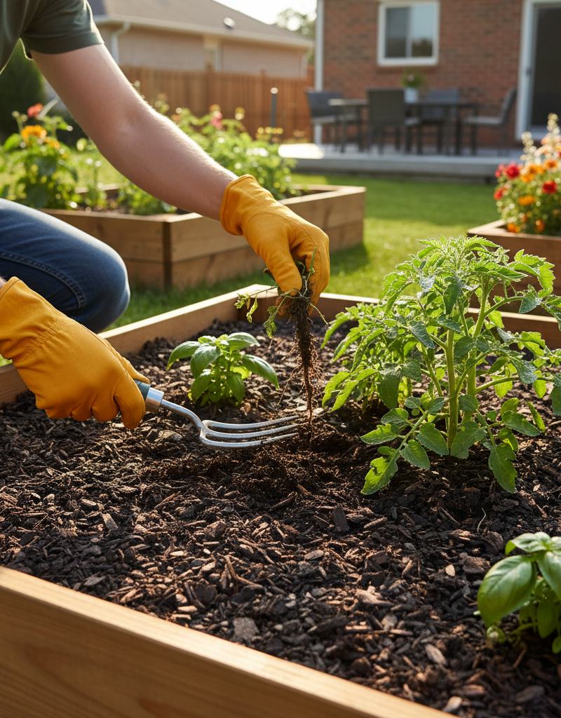 A homeowner effectively pulling weeds in a mulched garden bed, demonstrating long-term weed control.