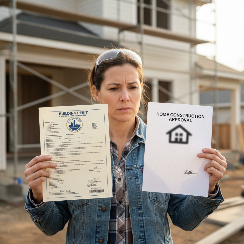 Homeowner compares legitimate building permit with a suspicious generic one to avoid permit mill fraud during renovation.