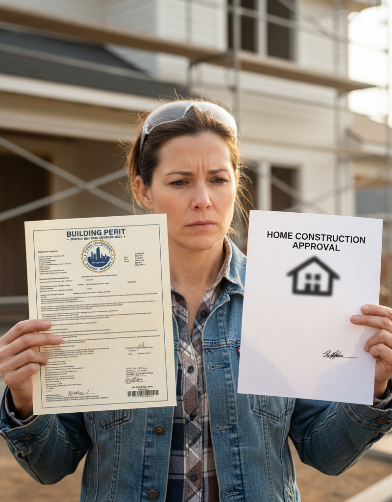 Homeowner compares legitimate building permit with a suspicious generic one to avoid permit mill fraud during renovation.