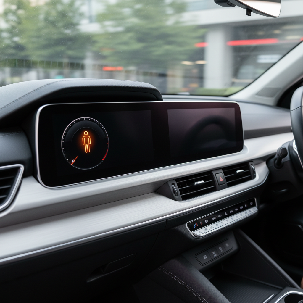 Car dashboard with a bright yellow person symbol warning light illuminated.