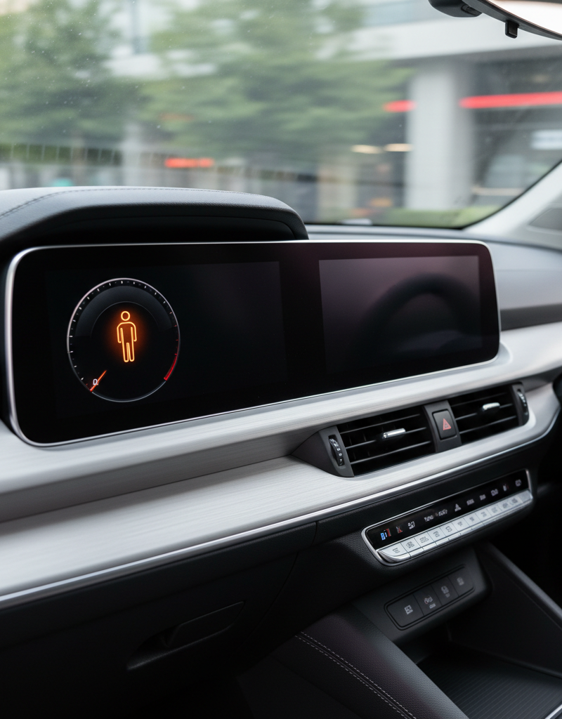 Car dashboard with a bright yellow person symbol warning light illuminated.
