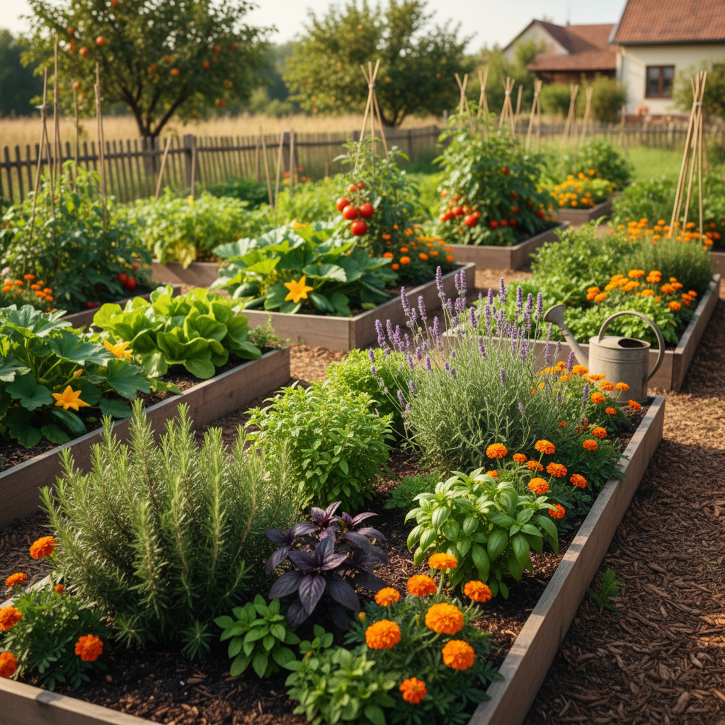 Vibrant garden with rosemary, basil, and lavender, naturally deterring pests.