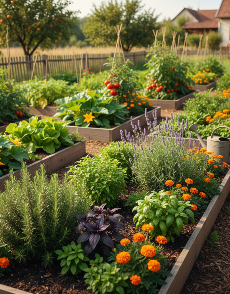 Vibrant garden with rosemary, basil, and lavender, naturally deterring pests.