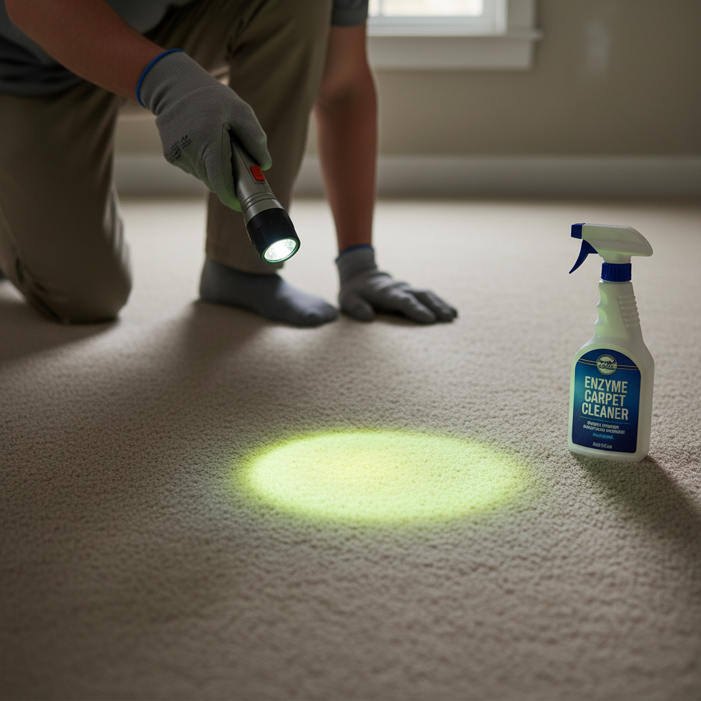 A person using a UV black light to find invisible pet urine stains on a light-colored carpet in a dim room.