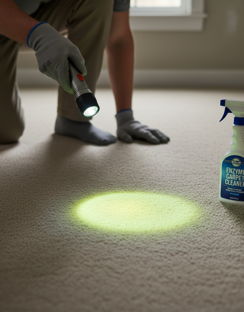 A person using a UV black light to find invisible pet urine stains on a light-colored carpet in a dim room.