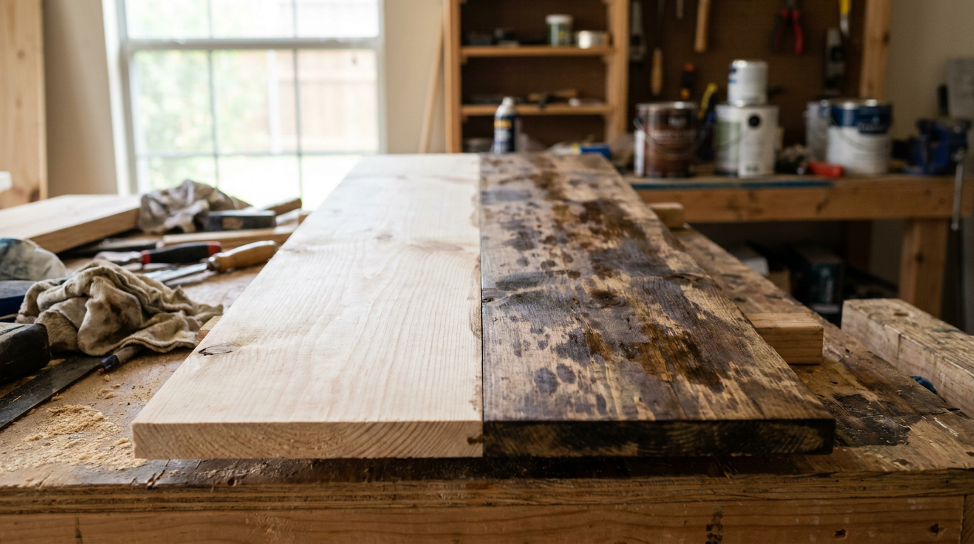 A pine board showing the difference between a clean side and a side with splotchy, uneven stain blotching.