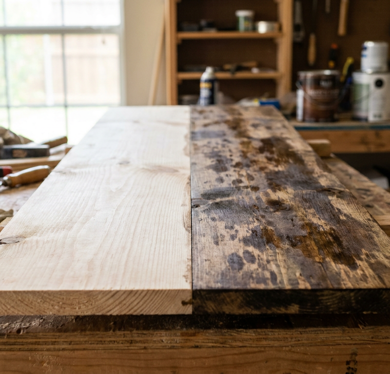 A pine board showing the difference between a clean side and a side with splotchy, uneven stain blotching.