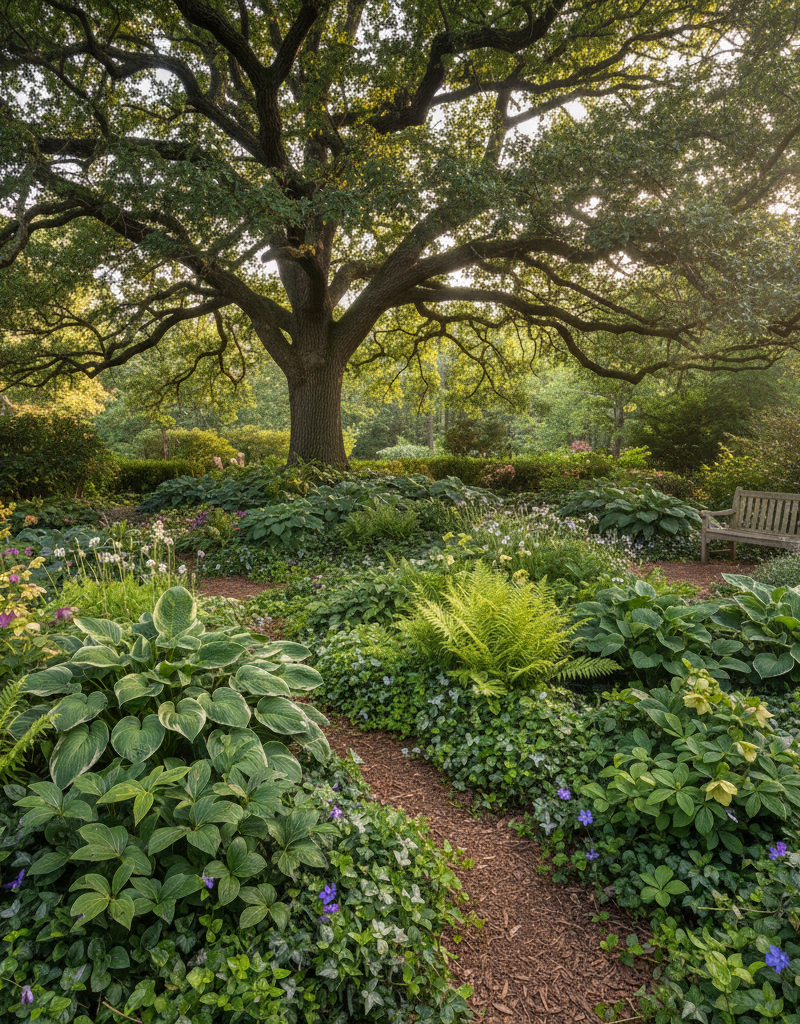 Healthy ground cover plants thrive under the dense canopy of a large shade tree in a beautiful garden.