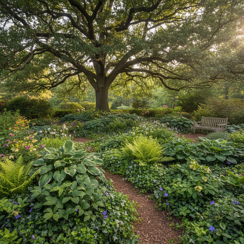 Healthy ground cover plants thrive under the dense canopy of a large shade tree in a beautiful garden.