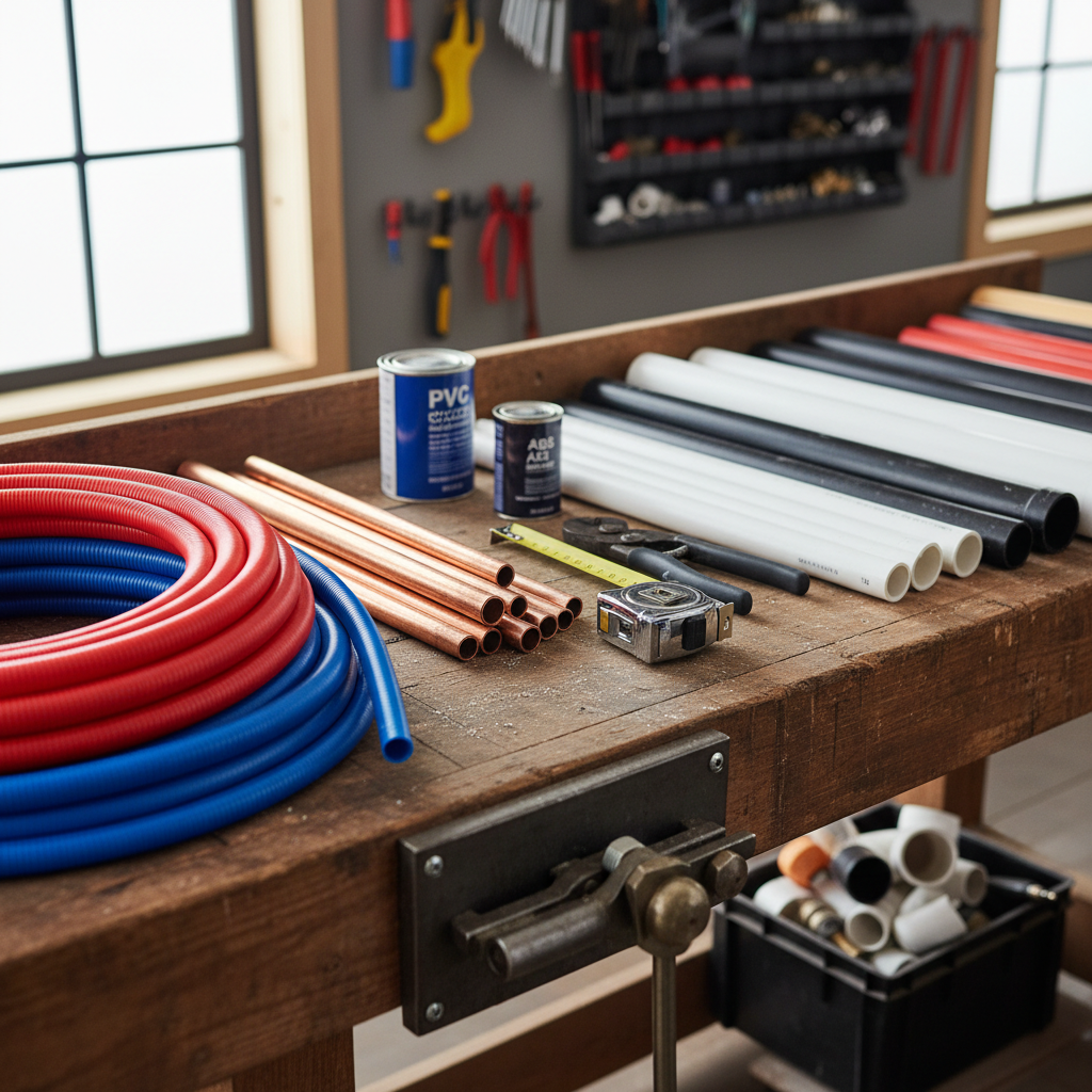 Assortment of plumbing pipes: red PEX, blue PEX, copper, white PVC, and black ABS on a workbench with tools.
