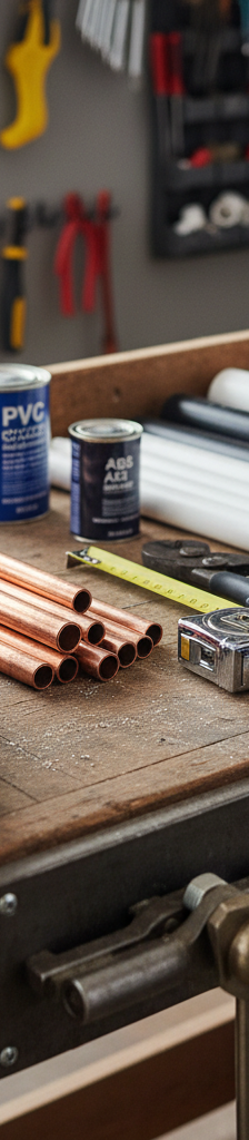 Assortment of plumbing pipes: red PEX, blue PEX, copper, white PVC, and black ABS on a workbench with tools.