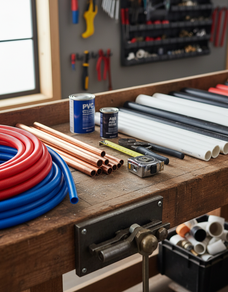 Assortment of plumbing pipes: red PEX, blue PEX, copper, white PVC, and black ABS on a workbench with tools.