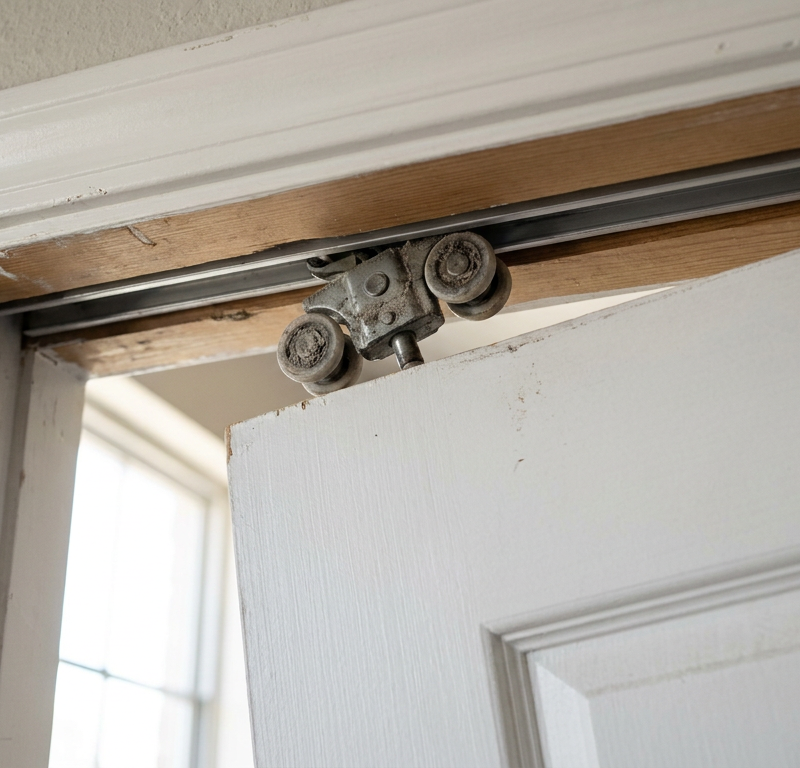 A white pocket door hanging crookedly off its track, with the dislodged roller mechanism visible.