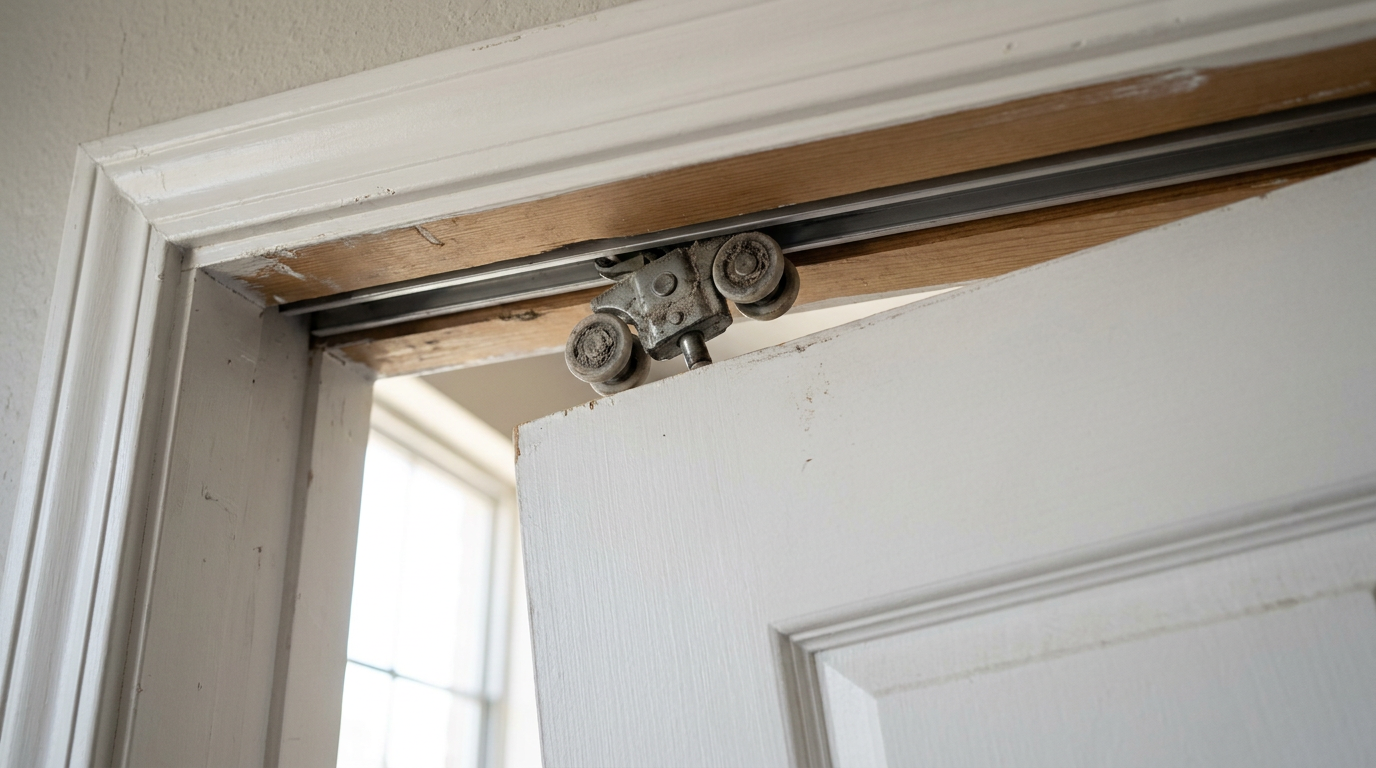 A white pocket door hanging crookedly off its track, with the dislodged roller mechanism visible.