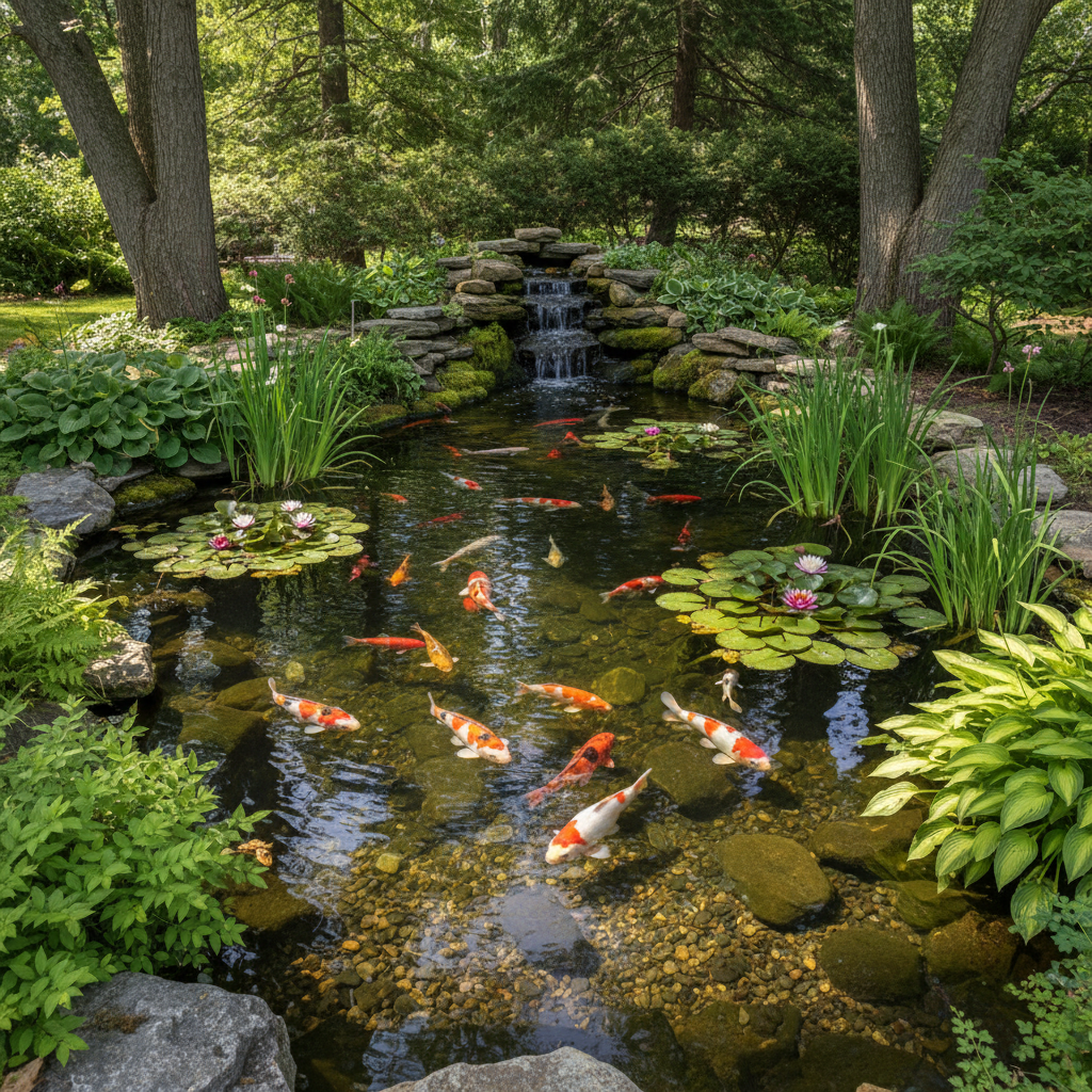 Clear backyard pond with water lilies and koi fish, healthy ecosystem