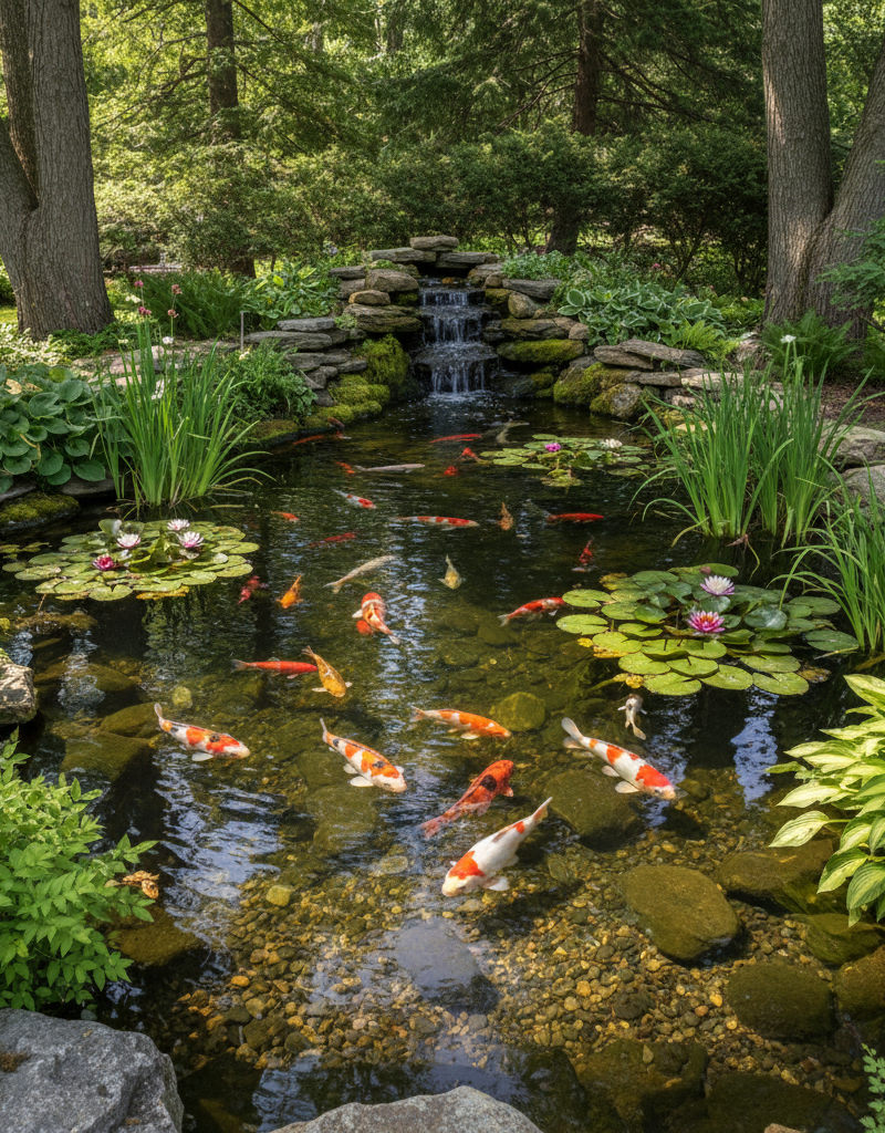 Clear backyard pond with water lilies and koi fish, healthy ecosystem