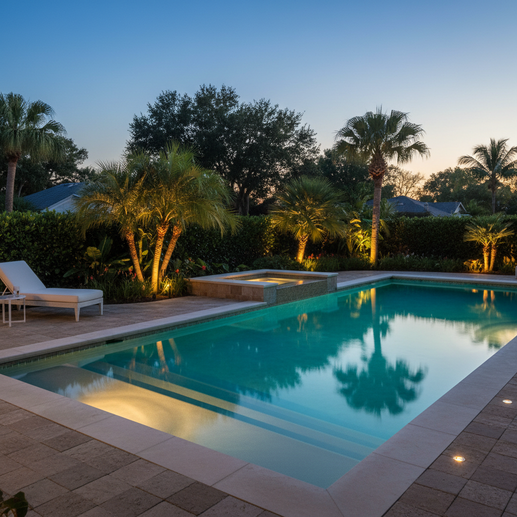 Swimming pool at dusk with warm LED lights in the water and around the deck, creating a safe and inviting atmosphere.