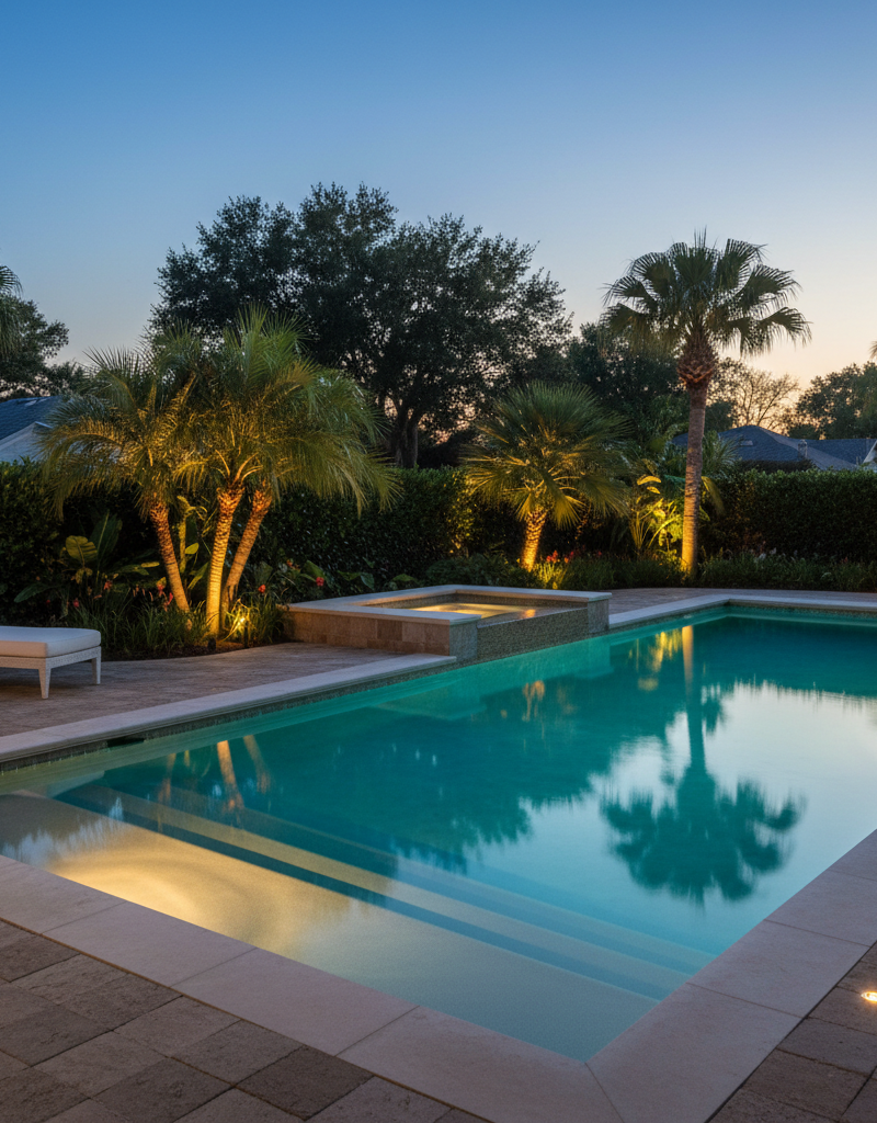 Swimming pool at dusk with warm LED lights in the water and around the deck, creating a safe and inviting atmosphere.