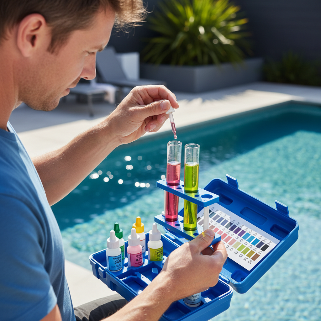 Homeowner testing cloudy pool water with a liquid reagent kit
