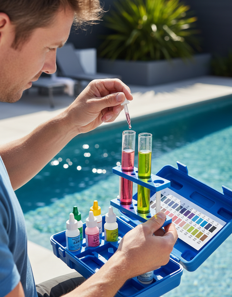 Homeowner testing cloudy pool water with a liquid reagent kit