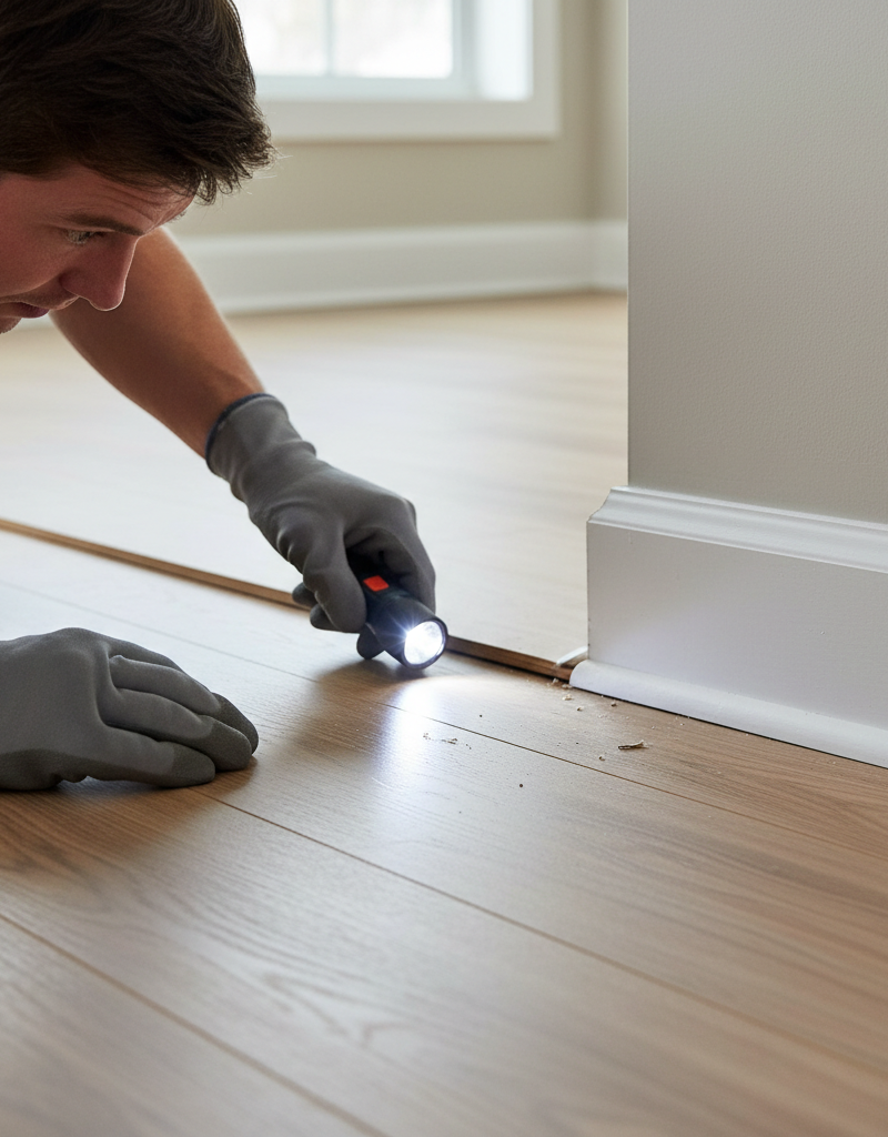 Homeowner inspecting expansion gap of laminate floor for obstructions causing popping sounds.