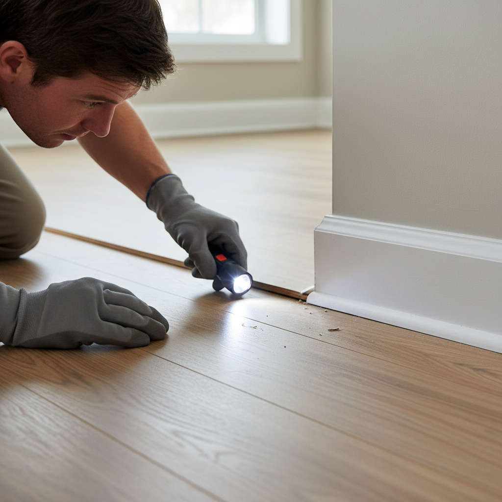 Homeowner inspecting expansion gap of laminate floor for obstructions causing popping sounds.