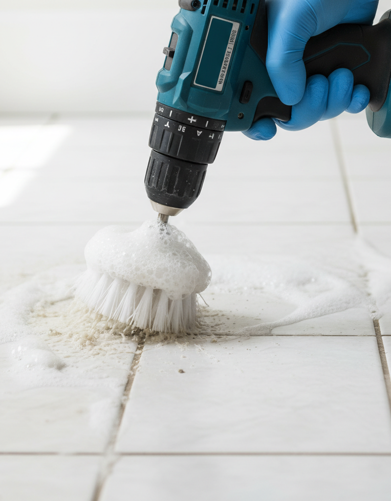 Cordless drill with a cone brush attachment scrubbing dirty grout on a bathroom floor.