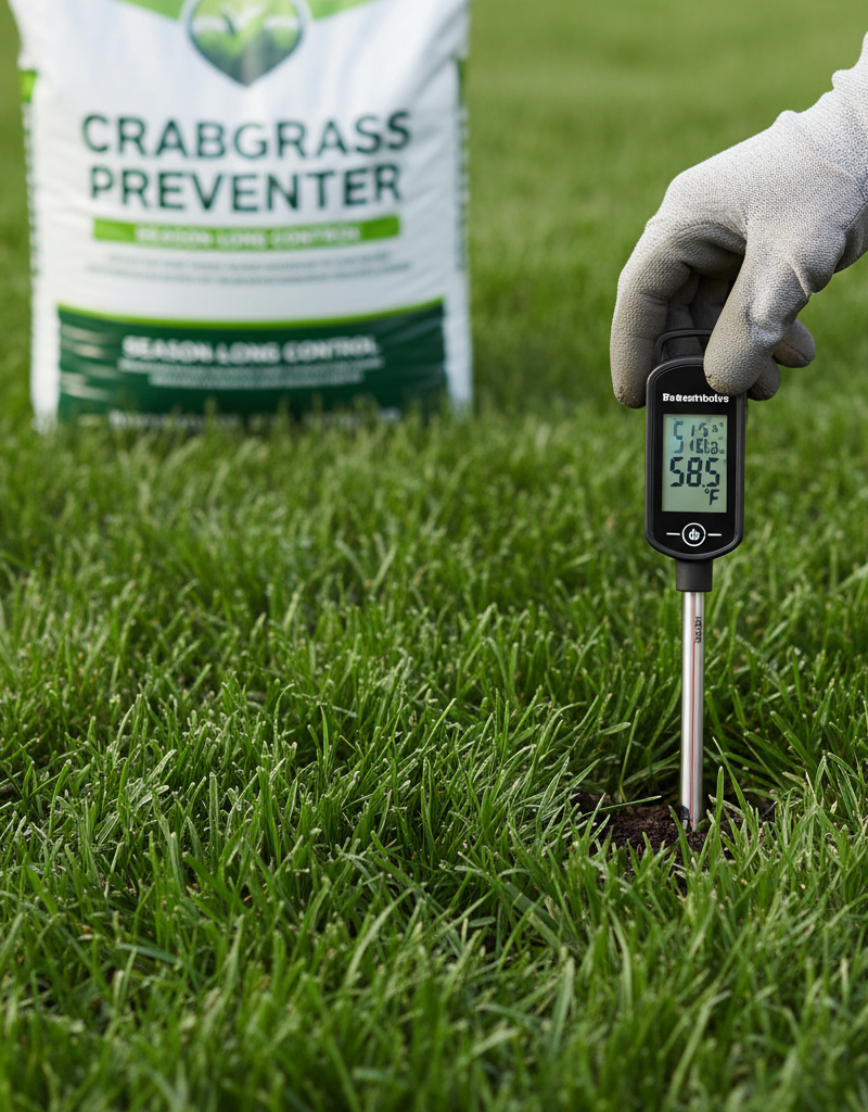 Homeowner checking soil temperature in a green lawn with a thermometer for pre-emergent application