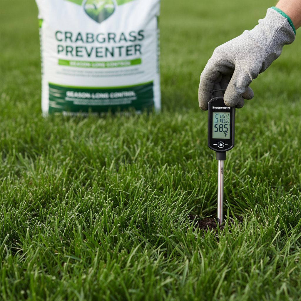 Homeowner checking soil temperature in a green lawn with a thermometer for pre-emergent application