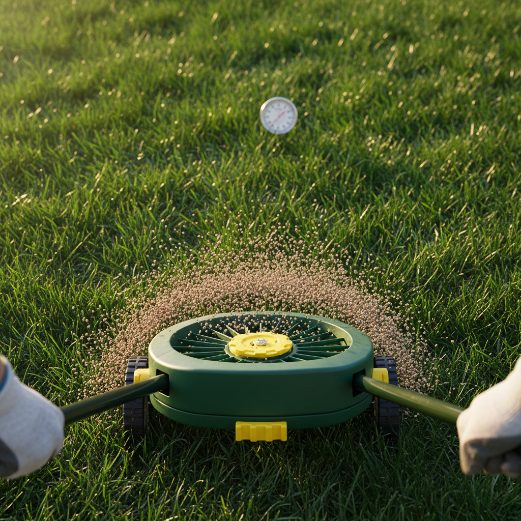 Homeowner applying granular pre-emergent to a lawn with a spreader, next to a soil thermometer