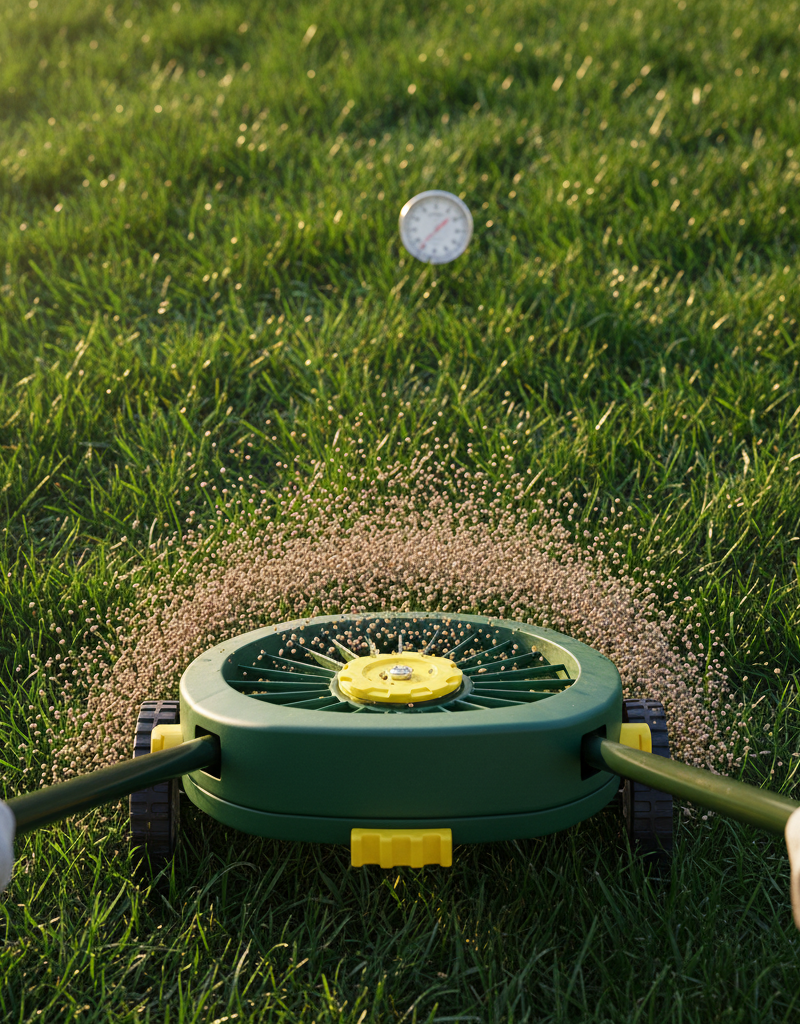Homeowner applying granular pre-emergent to a lawn with a spreader, next to a soil thermometer
